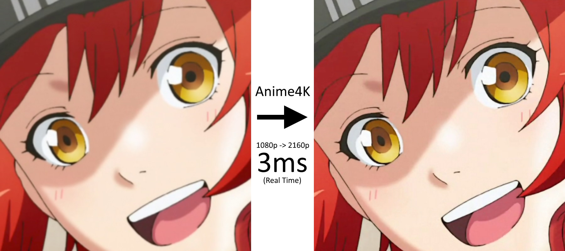 Anime4K comparison showing a 1080p anime frame before and after real-time 2160p enhancement